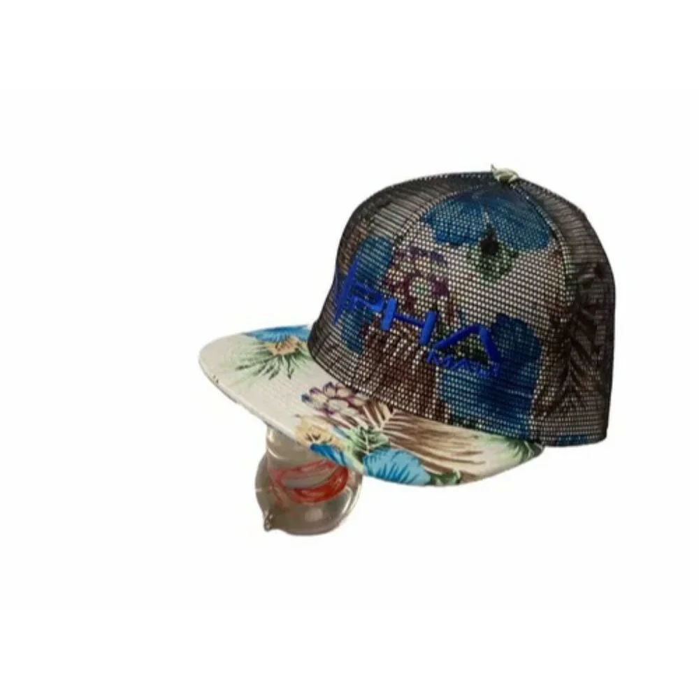 Alpha Maui Floral Trucker Hat Mesh Overlay Aloha New One Size Hawaii Resort Flat - Picture 2 of 4